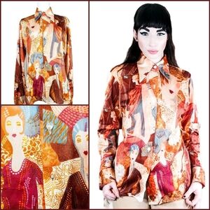 Vintage 1970s Rare Novelty Faces Art Deco Mod Flapper Butterfly Collar Shirt